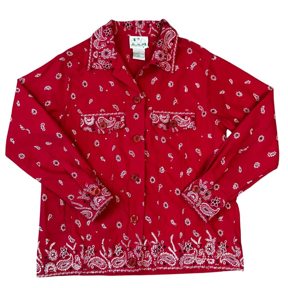The Quacker Factory Paisley Western Jacket Red Beaded Bedazzled Bandana (Sz S) - Picture 7 of 16